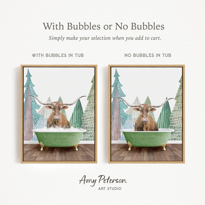 The image is a collage of two pictures featuring a bull with horns in a green bathtub, with one picture having bubbles and the other without bubbles.
