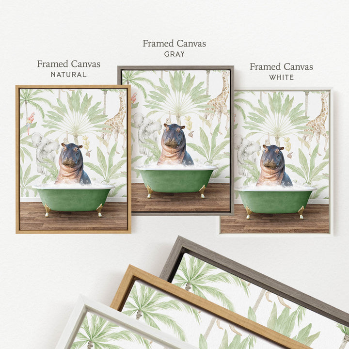 three framed prints of a hippopotamus sitting in a bathtub, each with a different color frame.