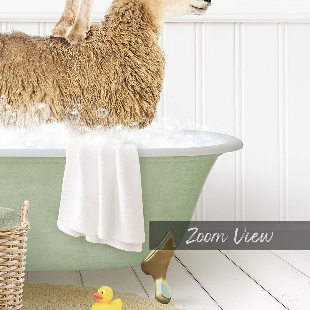 A fluffy brown sheep is sitting in a green bathtub filled with water, surrounded by a yellow rubber duck and a white towel.