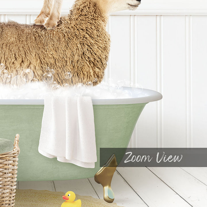 A fluffy brown sheep is sitting in a green bathtub filled with water, surrounded by a yellow rubber duck and a white towel.
