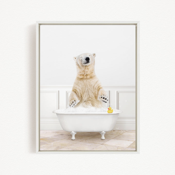 A polar bear sitting in a white bathtub, with a rubber duck floating in the water.