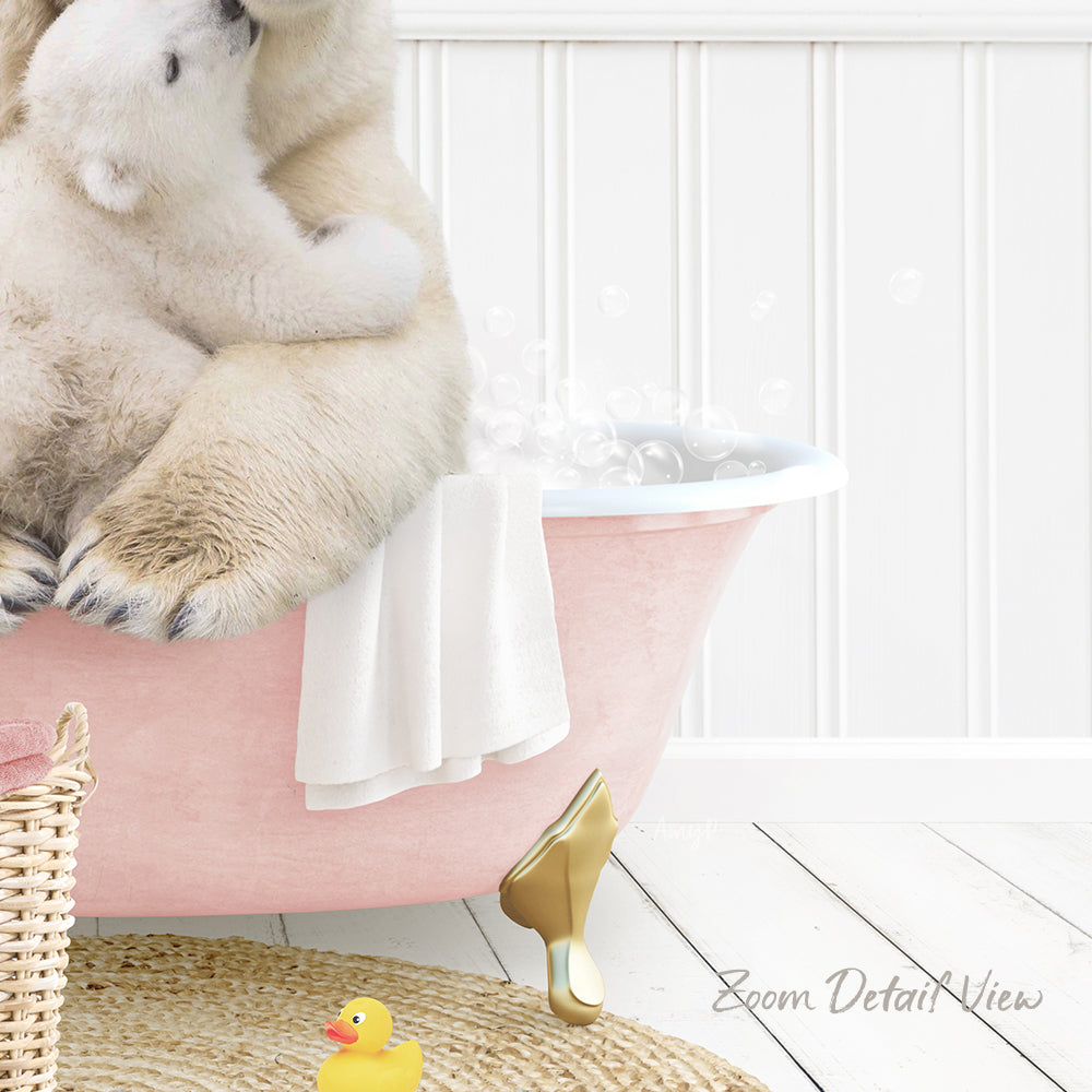 A polar bear sitting in a pink bathtub, surrounded by bubbles and a rubber duck, in a bathroom setting.