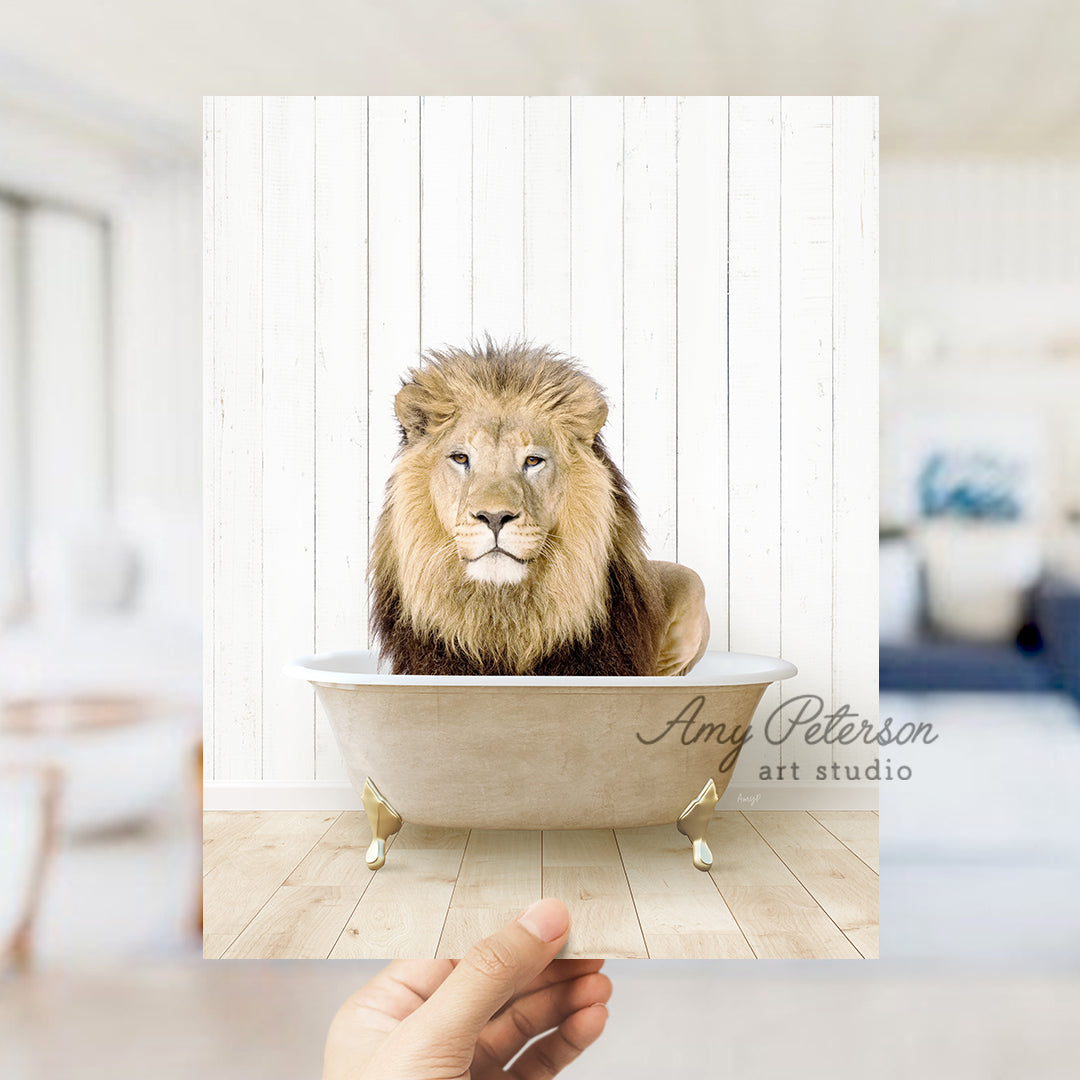 a hand holding a photo of a lion in a bathtub