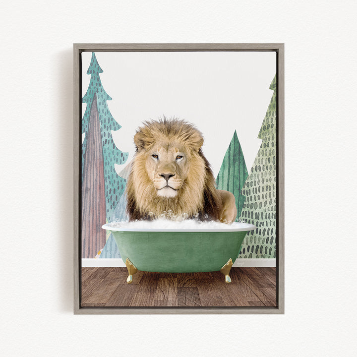 A lion is sitting in a green bathtub, surrounded by trees and a forest-like background.