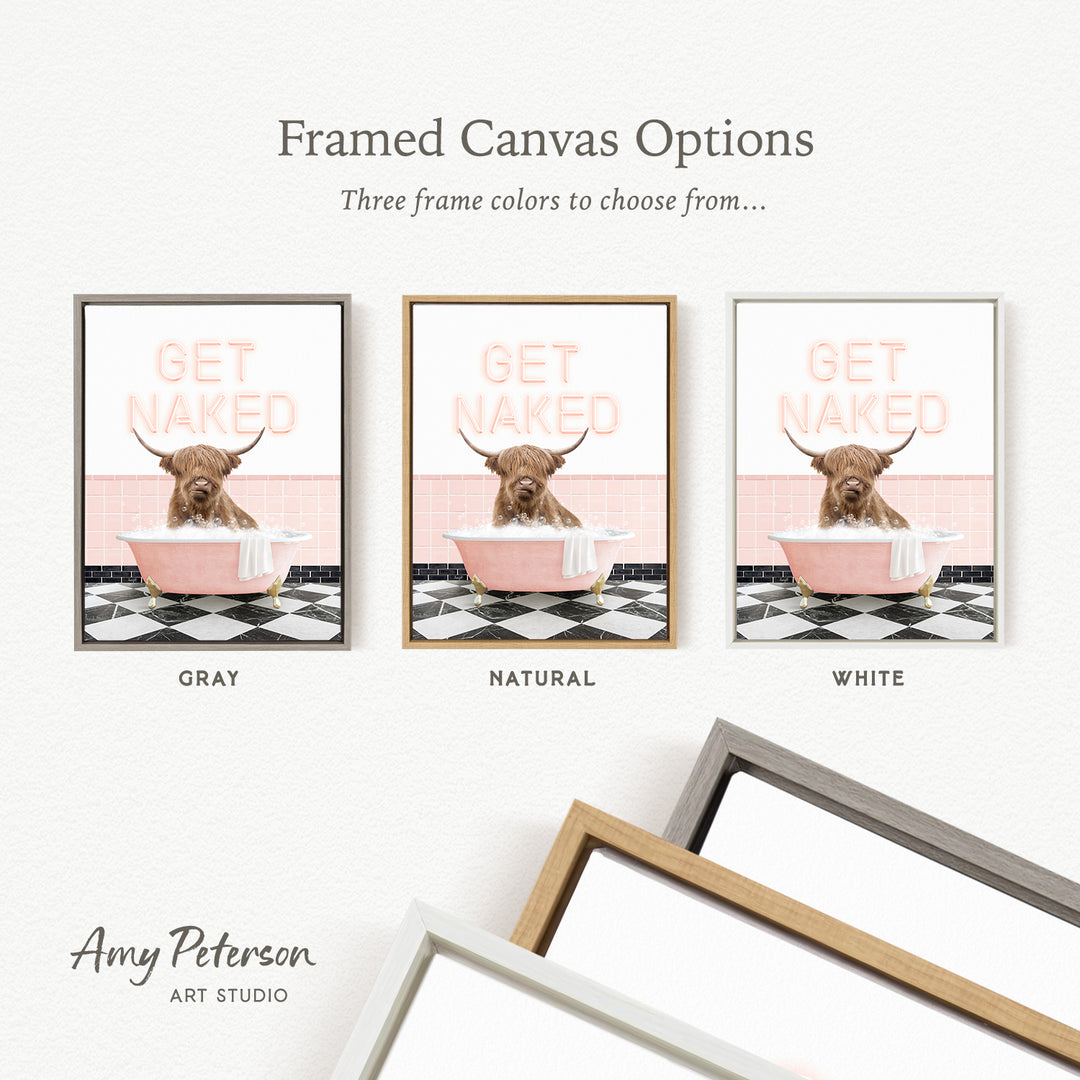 three framed canvas options featuring a framed image of a dog in a bathtub with the text "GET NAKED" on it.