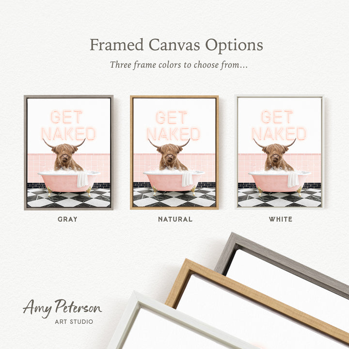 three framed canvas options featuring a framed image of a dog in a bathtub with the text "GET NAKED" on it.
