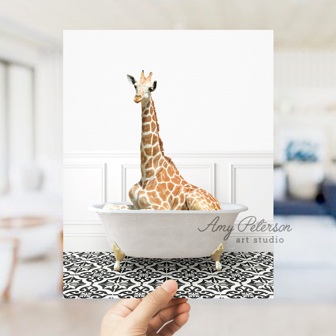 a giraffe is sitting in a bath tub