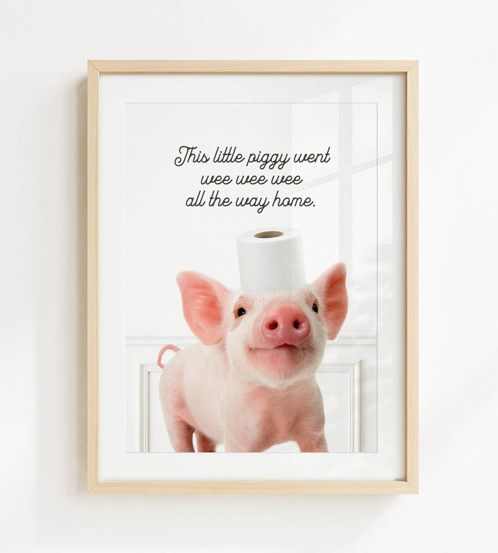 a cute pig standing on a white surface, with a roll of toilet paper placed on its head.