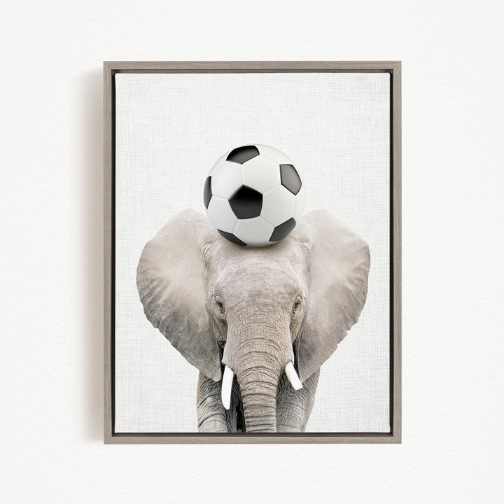 A gray elephant with a soccer ball on its head, standing against a white background.