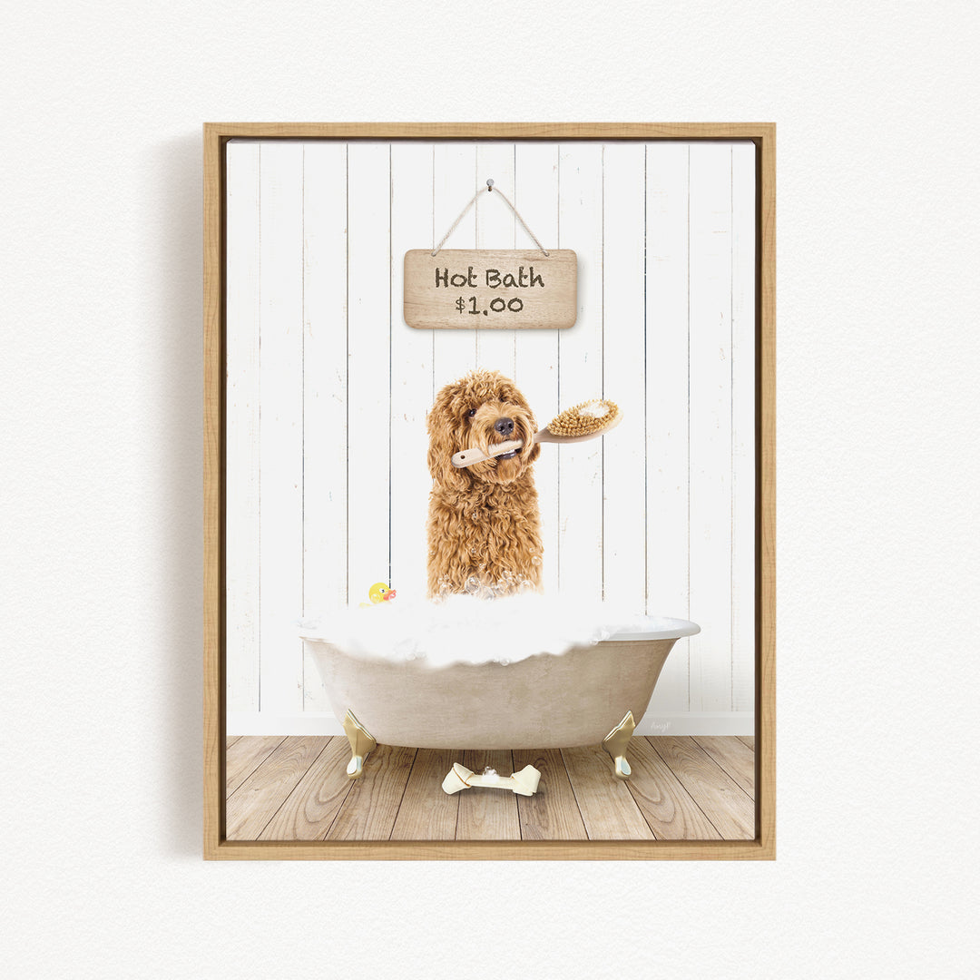 A brown dog is sitting in a white bathtub, holding a toothbrush in its mouth, with a sign above the bathtub that reads "Hot Bath $1.00".