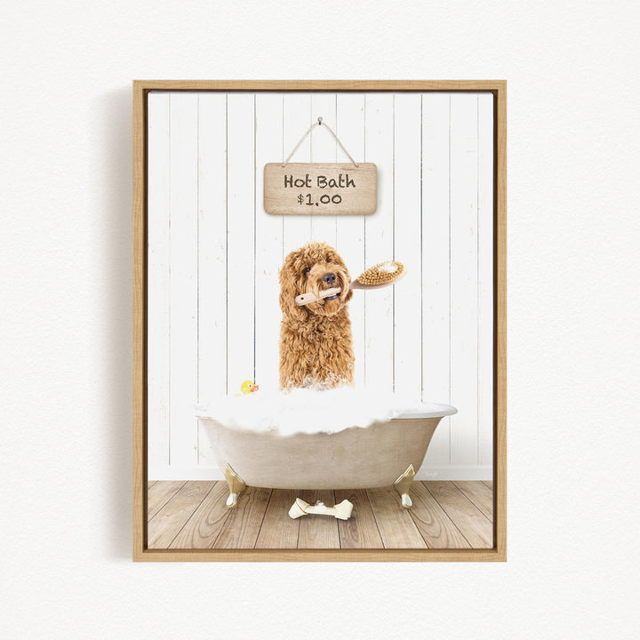 A brown dog is sitting in a white bathtub, holding a toothbrush in its mouth, with a sign above the bathtub that reads "Hot Bath $1.00".