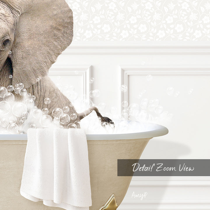 A large elephant is taking a bath in a white bathtub, surrounded by bubbles, with a towel and gold objects nearby.