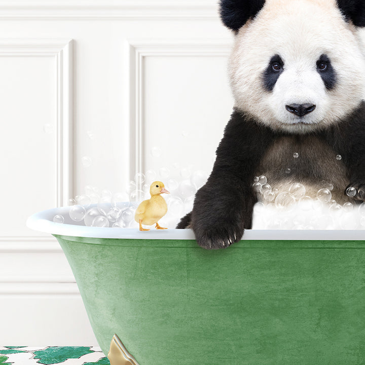 a panda bear sitting in a bathtub with bubbles