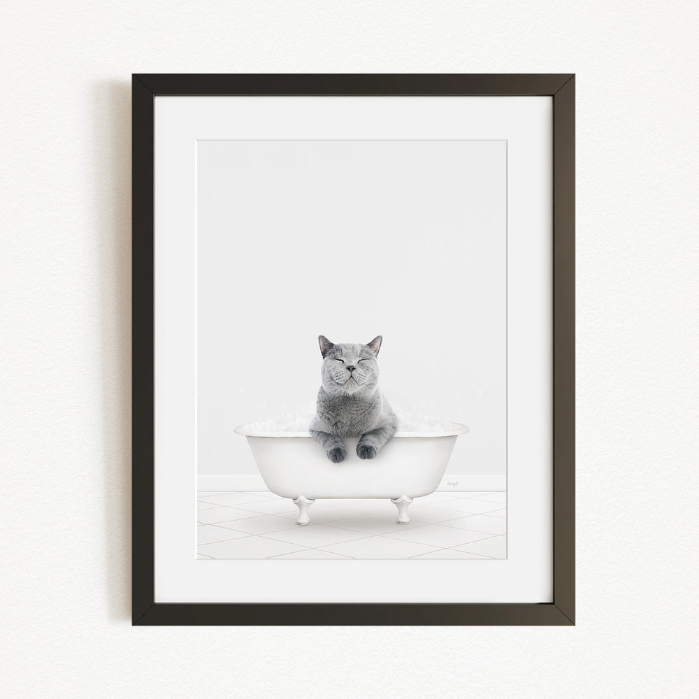 A gray cat sitting in a white bathtub, looking content and relaxed.