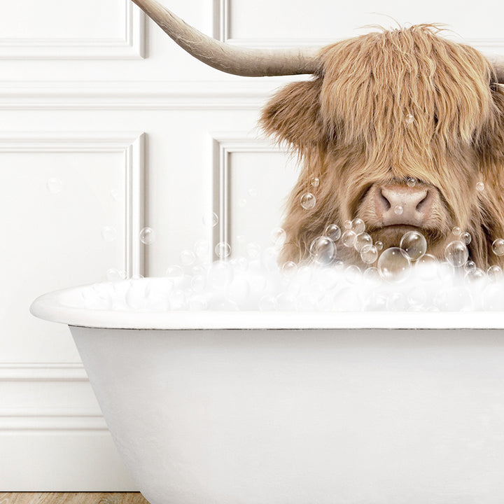 a long haired cow is taking a bath in a bathtub