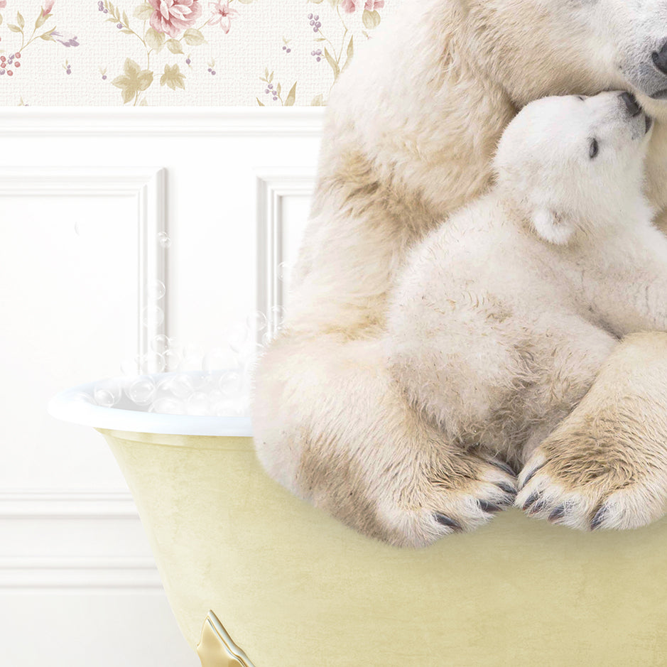 a mother polar bear cuddles her cub in a bathtub