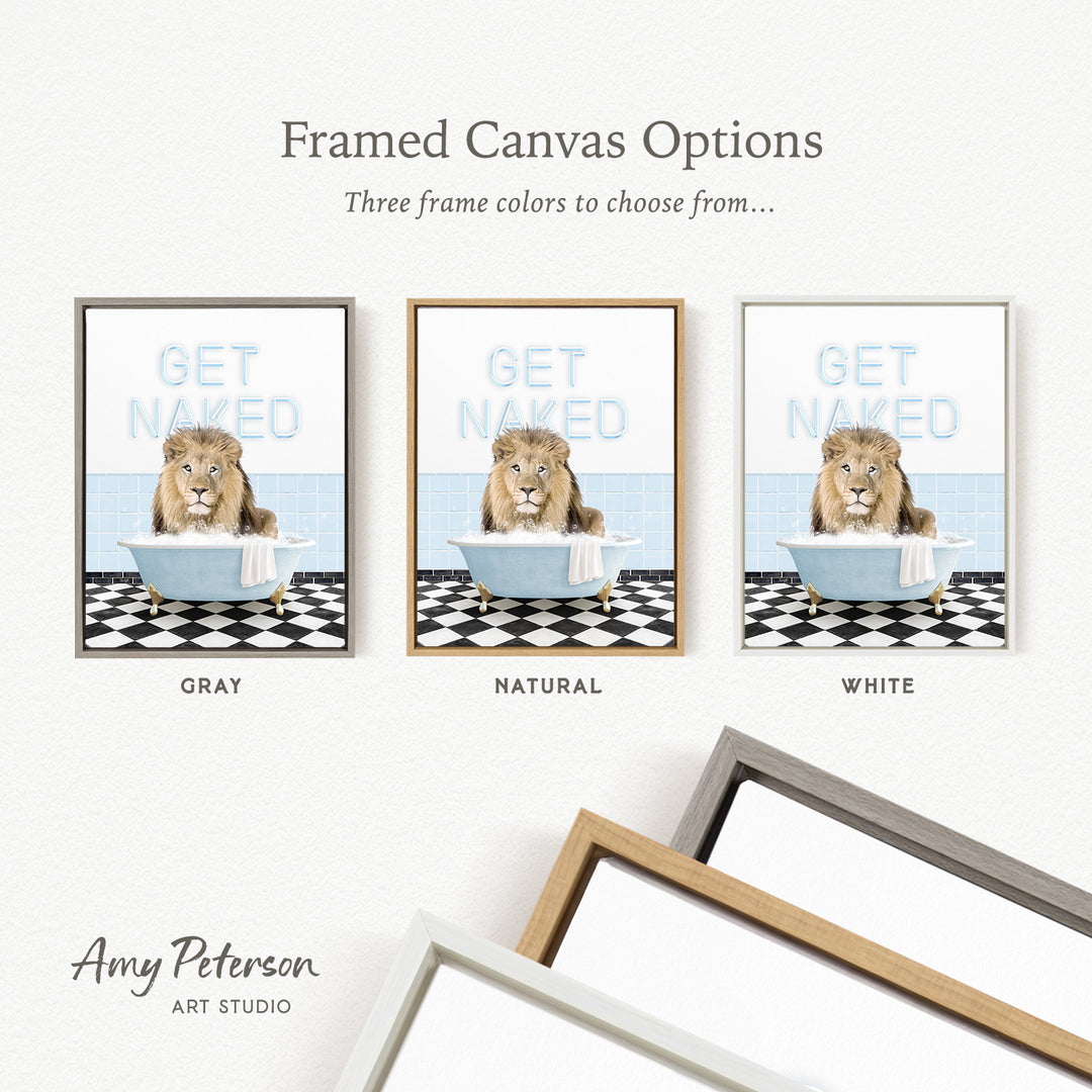 The image is a framed canvas option featuring three different colored frames with a picture of a lion sitting in a bathtub.