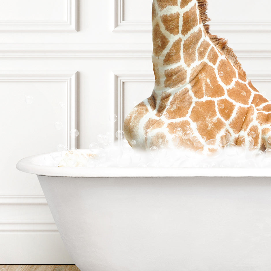 a giraffe sticking its head out of a bathtub