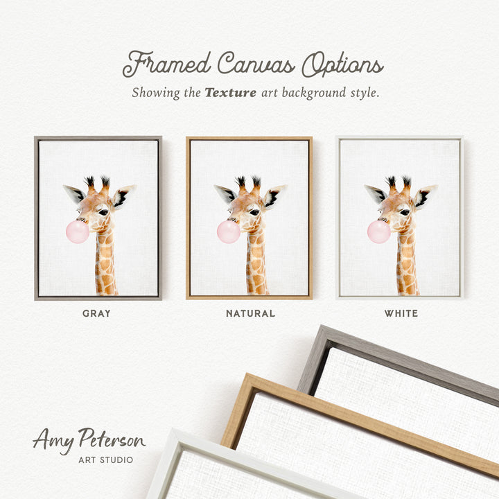 three framed canvas options featuring a giraffe blowing a bubble with a pink bubble gum bubble. The options are labeled as "Grays," "Natural," and "White" to represent the different color backgrounds.