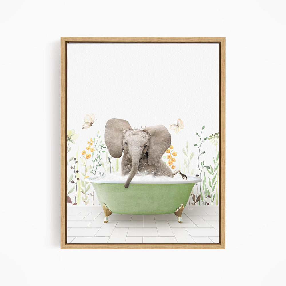 A gray elephant is sitting in a green bathtub filled with water, surrounded by flowers and butterflies.