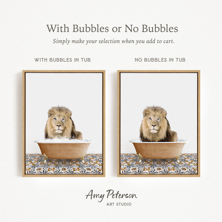 The image is a collage of two framed pictures, each depicting a lion sitting in a tub. The lion in the tub has bubbles, while the lion in the tub without bubbles is shown without bubbles. The text above the images reads "With Bubbles or No Bubbles Simply make your selection when you add to cart."