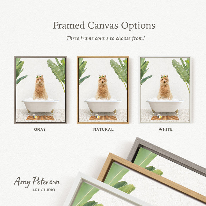 The image is a framed canvas option showcasing three different colored frames for a photograph of a dog sitting in a bathtub.