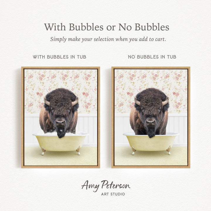 The image is a collage of two pictures featuring a buffalo in a tub. The buffalo is depicted in two different frames, one with bubbles and the other without bubbles. The text above the images reads "With Bubbles or No Bubbles Simply make your selection when you add to cart."