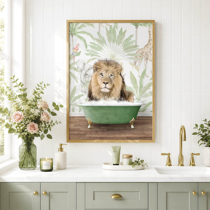 A framed painting of a lion sitting in a bathtub is displayed on a wall above a white countertop with various bathroom accessories and decor.