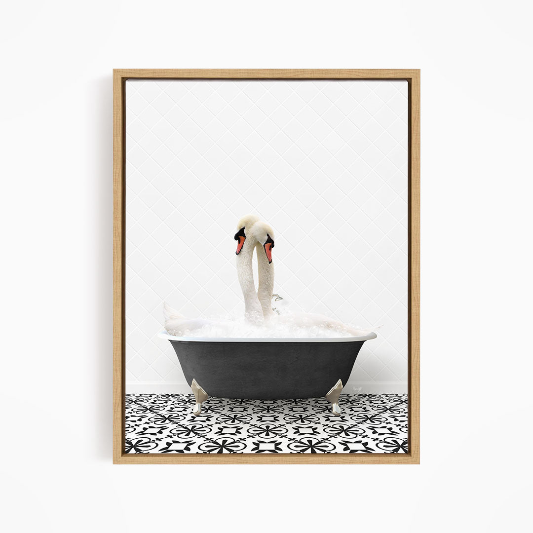A pair of swans standing in a bathtub filled with water, creating a serene and whimsical scene.