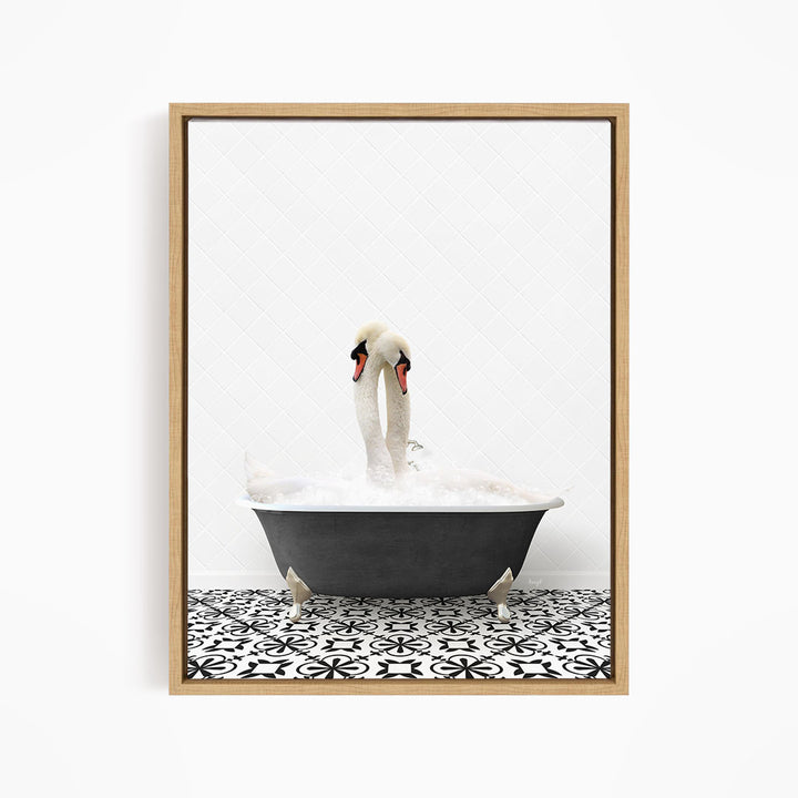 A pair of swans standing in a bathtub filled with water, creating a serene and whimsical scene.