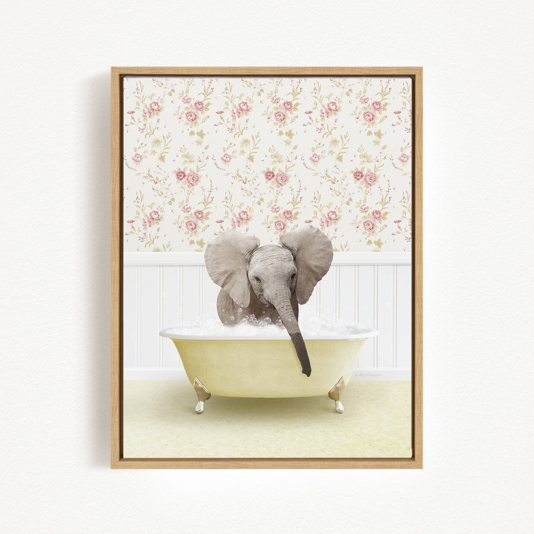 A baby elephant sitting in a bathtub filled with water, surrounded by a floral wallpaper.