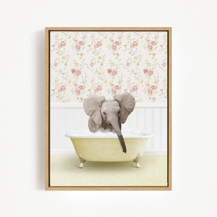 A baby elephant sitting in a bathtub filled with water, surrounded by a floral wallpaper.