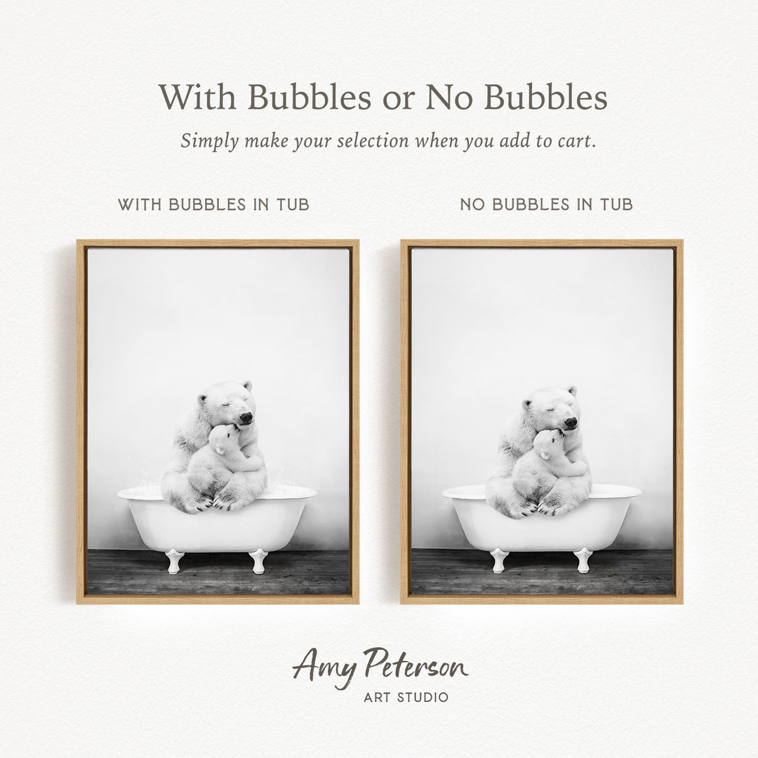 The image is a black and white photograph of two polar bears sitting in a bathtub, one with bubbles and the other without bubbles. The text above the image reads "With Bubbles or No Bubbles" and below the image, it says "Simply make your selection when you add to cart."