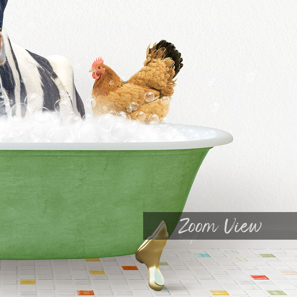 A chicken standing in a green bathtub filled with bubbles, with a white wall in the background.