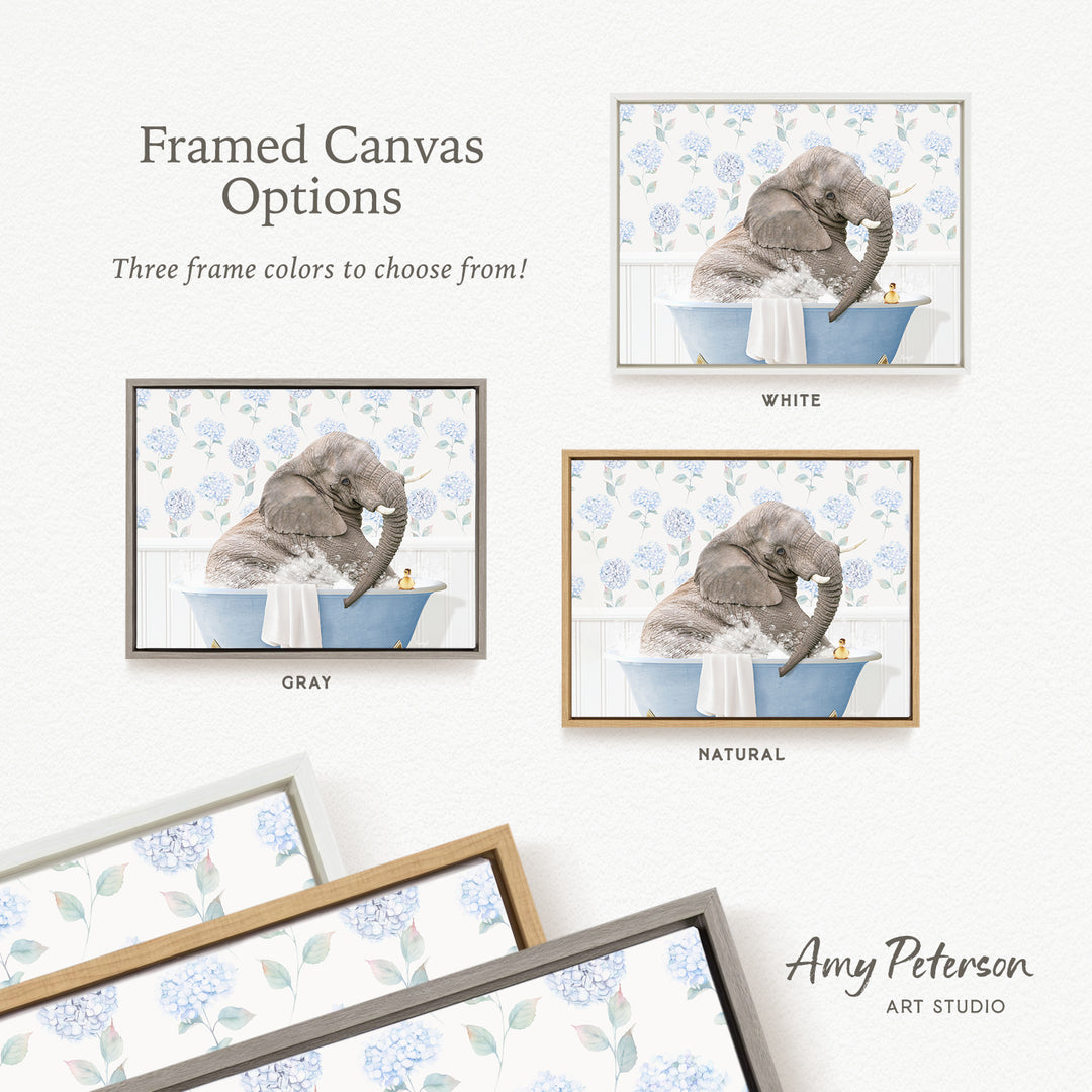 The image is a framed canvas with three different color options for a painting of an elephant in a bathtub, including white, gray, and natural.