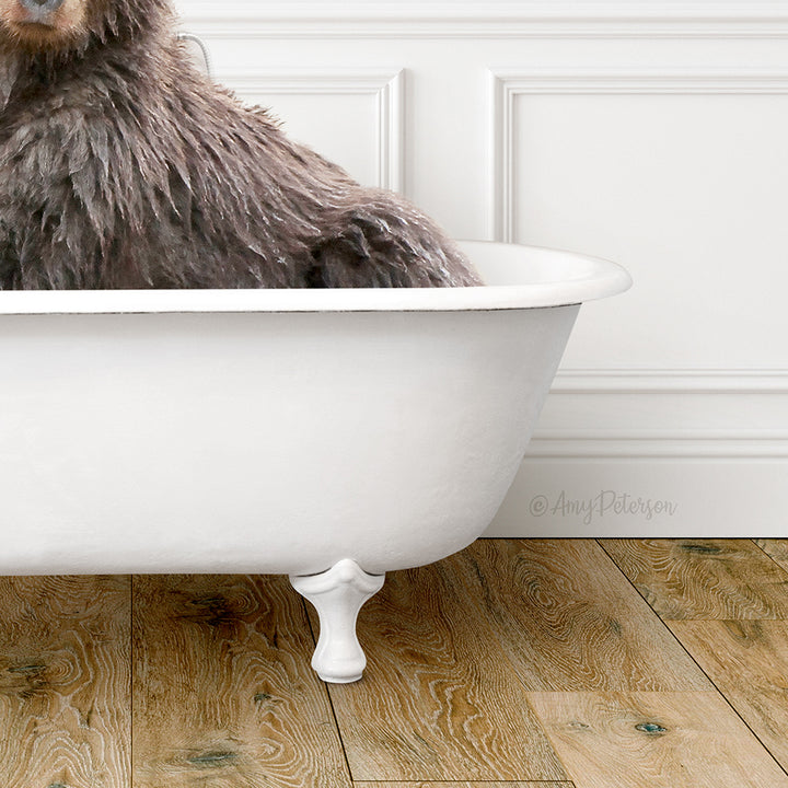 A fluffy brown dog is sitting in a white bathtub, with its head resting on the edge of the tub.