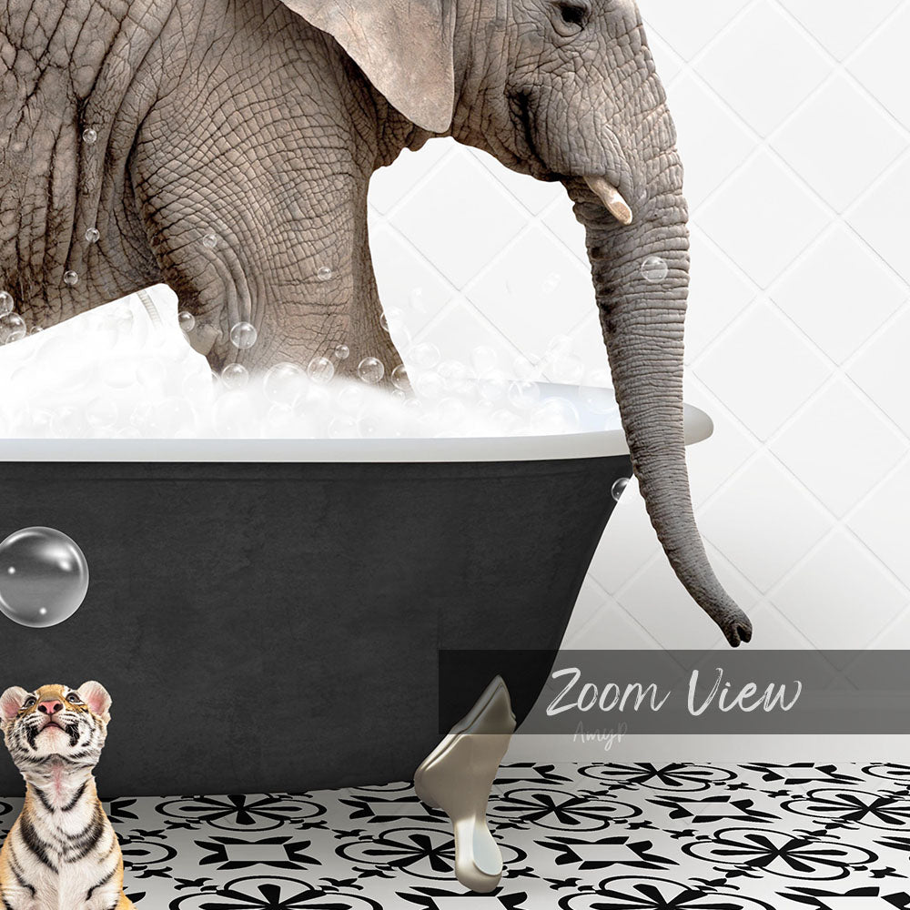 A large elephant is taking a bath in a bathtub, surrounded by bubbles, while a small tiger sits nearby on the floor.