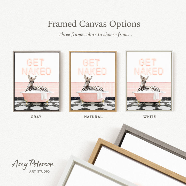 three framed canvas options, each featuring a zebra sitting in a bathtub. The options include a gray frame, a natural frame, and a white frame. The text above the options reads " framed Canvas Options" and "Three frame colors to choose from...".