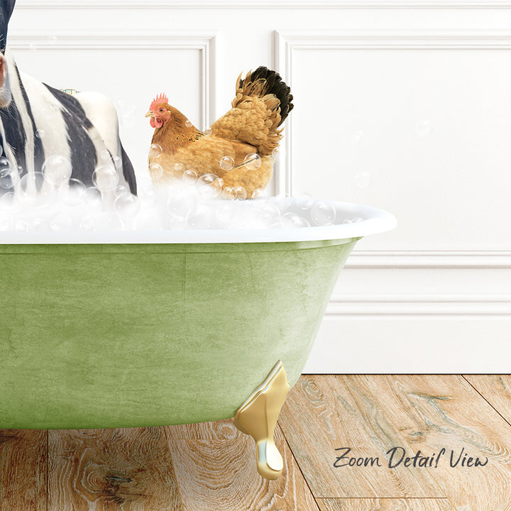 A green bathtub filled with bubbles, with a chicken standing inside and a zebra standing next to it.