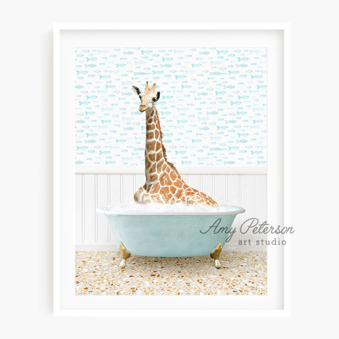 a giraffe sitting in a bathtub in a bathroom