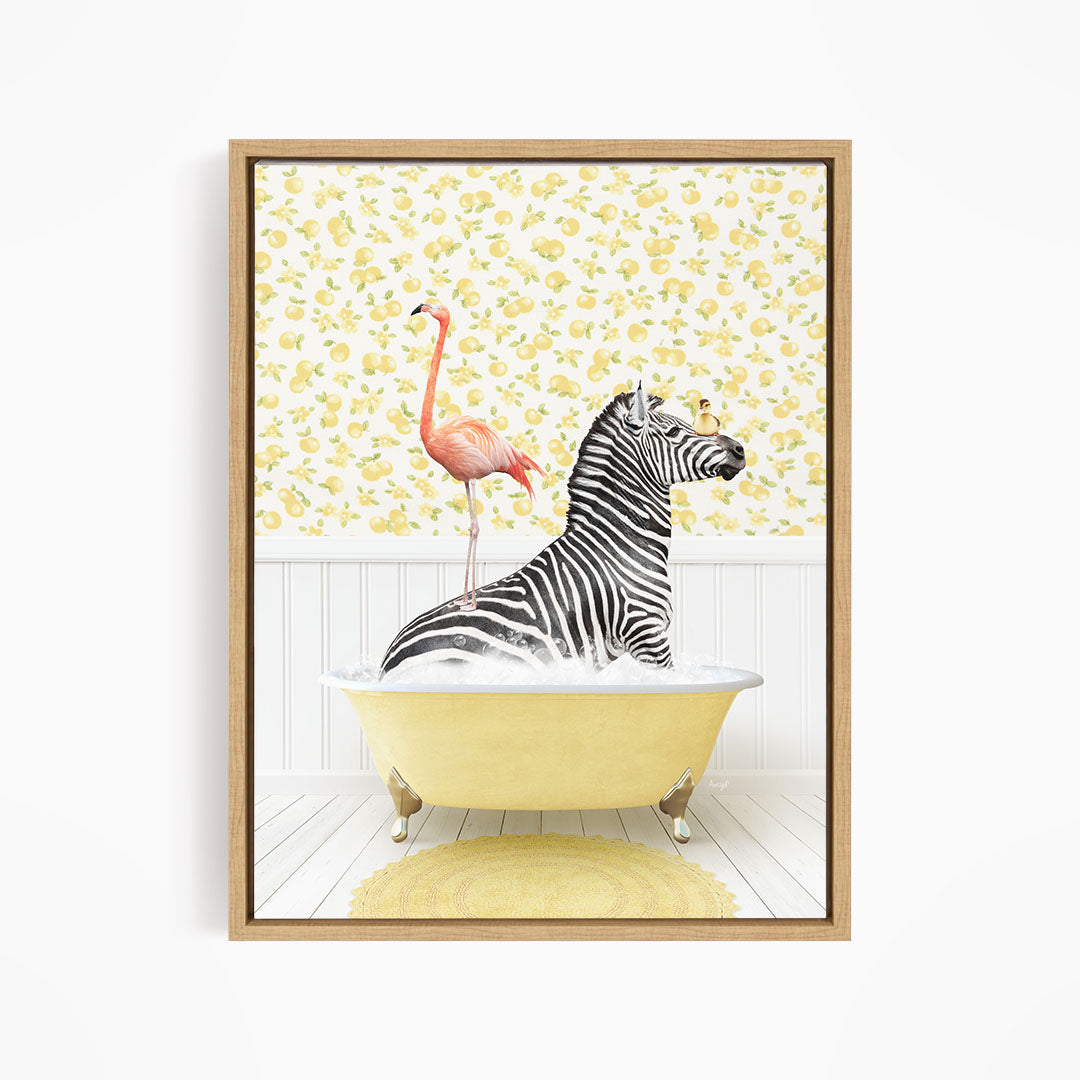 A zebra is sitting in a yellow bathtub, with a pink flamingo standing on its back.
