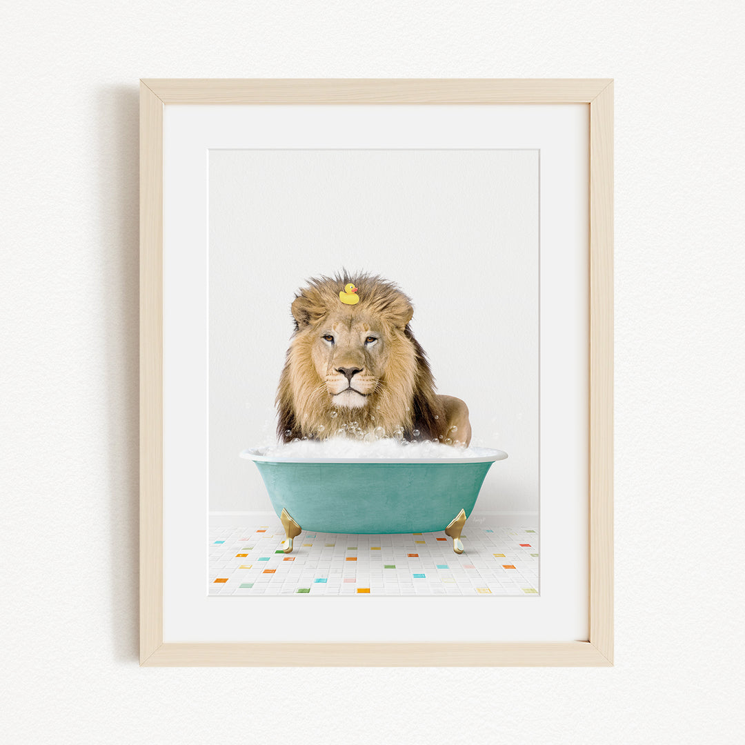 A lion sitting in a blue bathtub, surrounded by colorful tiles on the floor.