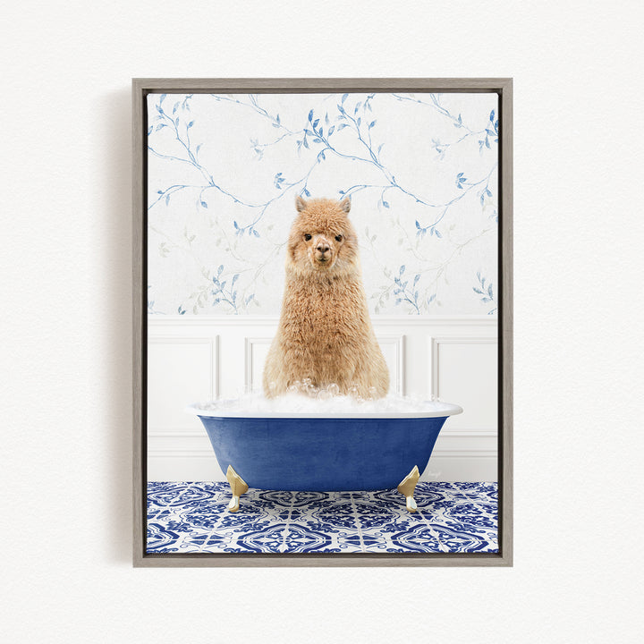 A fluffy brown dog sitting in a blue bathtub filled with water, surrounded by a blue and white patterned rug.