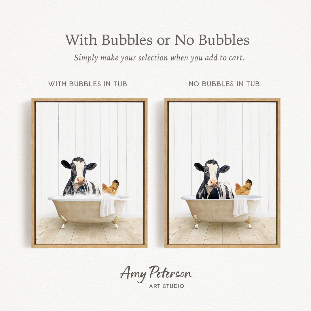 The image is a collage of two pictures, each featuring a cow and a chicken in a bathtub. The cow is sitting in the tub with bubbles, while the chicken is sitting in the tub without bubbles. The collage is titled "With Bubbles or No Bubbles" and is created by Amy Peterson from Art Studio.