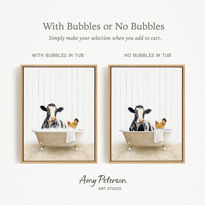 The image is a collage of two pictures, each featuring a cow and a chicken in a bathtub. The cow is sitting in the tub with bubbles, while the chicken is sitting in the tub without bubbles. The collage is titled "With Bubbles or No Bubbles" and is created by Amy Peterson from Art Studio.