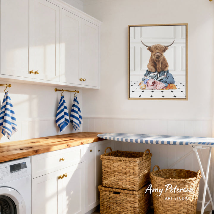 a kitchen with white cabinets, a wooden countertop, and a framed picture of a Highland cow wearing a blue and white striped shirt.