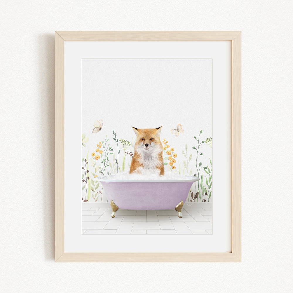 A fox is sitting in a purple bathtub filled with water, surrounded by flowers and butterflies.