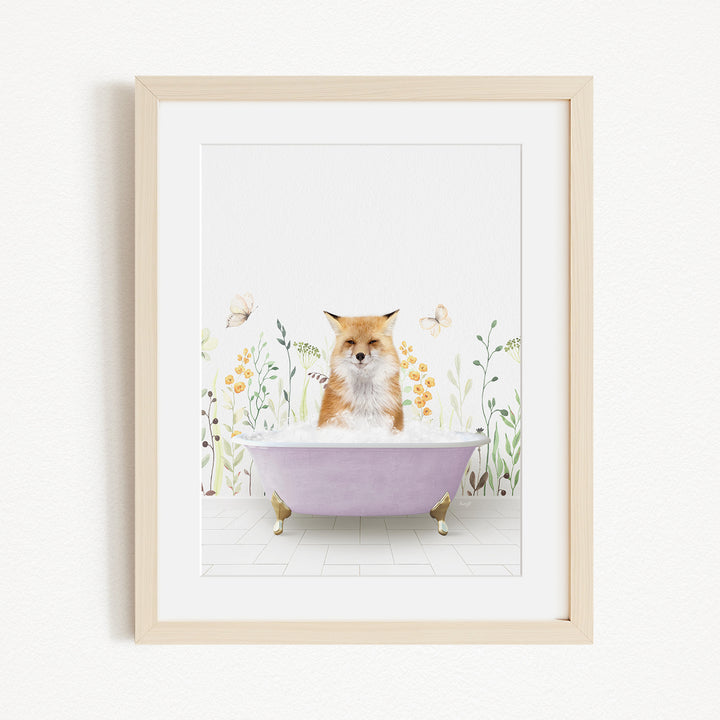 A fox is sitting in a purple bathtub filled with water, surrounded by flowers and butterflies.