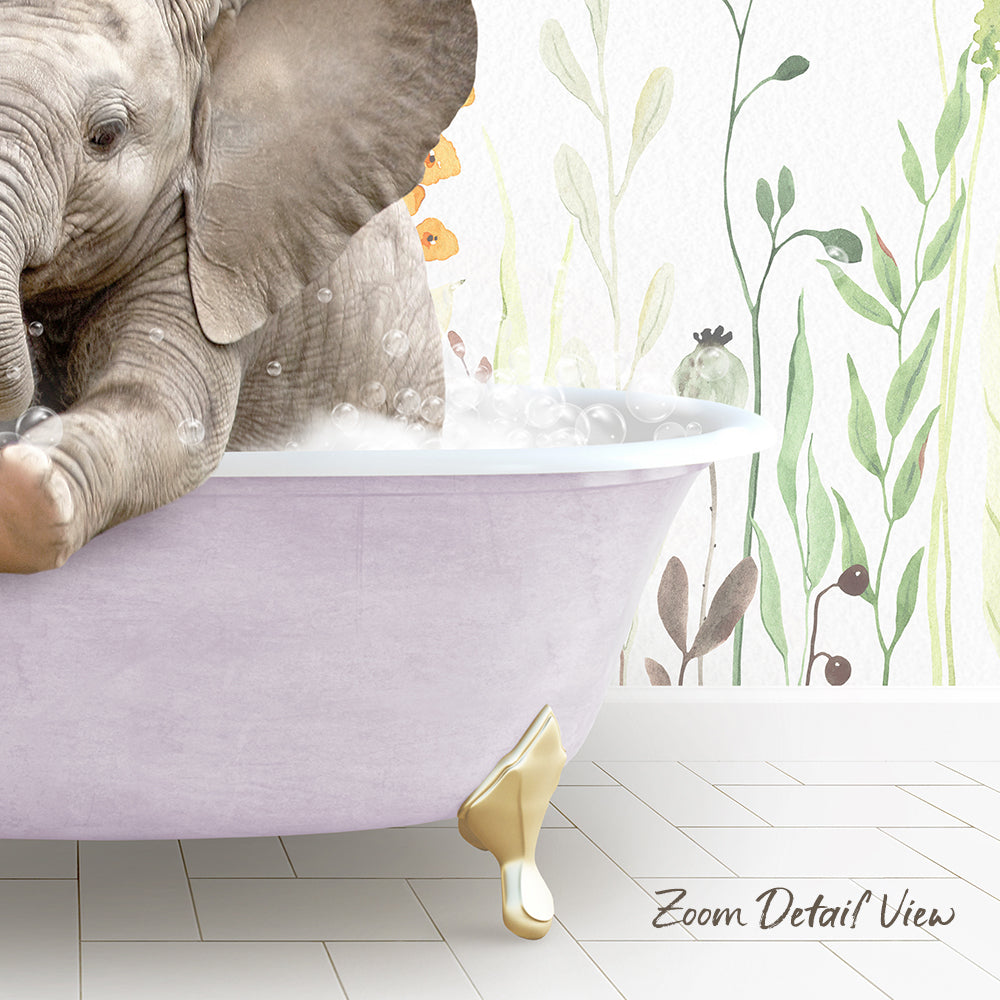 A baby elephant sitting in a pink bathtub filled with water, surrounded by a floral wallpaper.