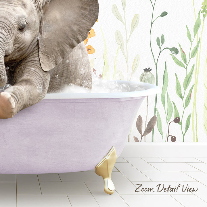 A baby elephant sitting in a pink bathtub filled with water, surrounded by a floral wallpaper.